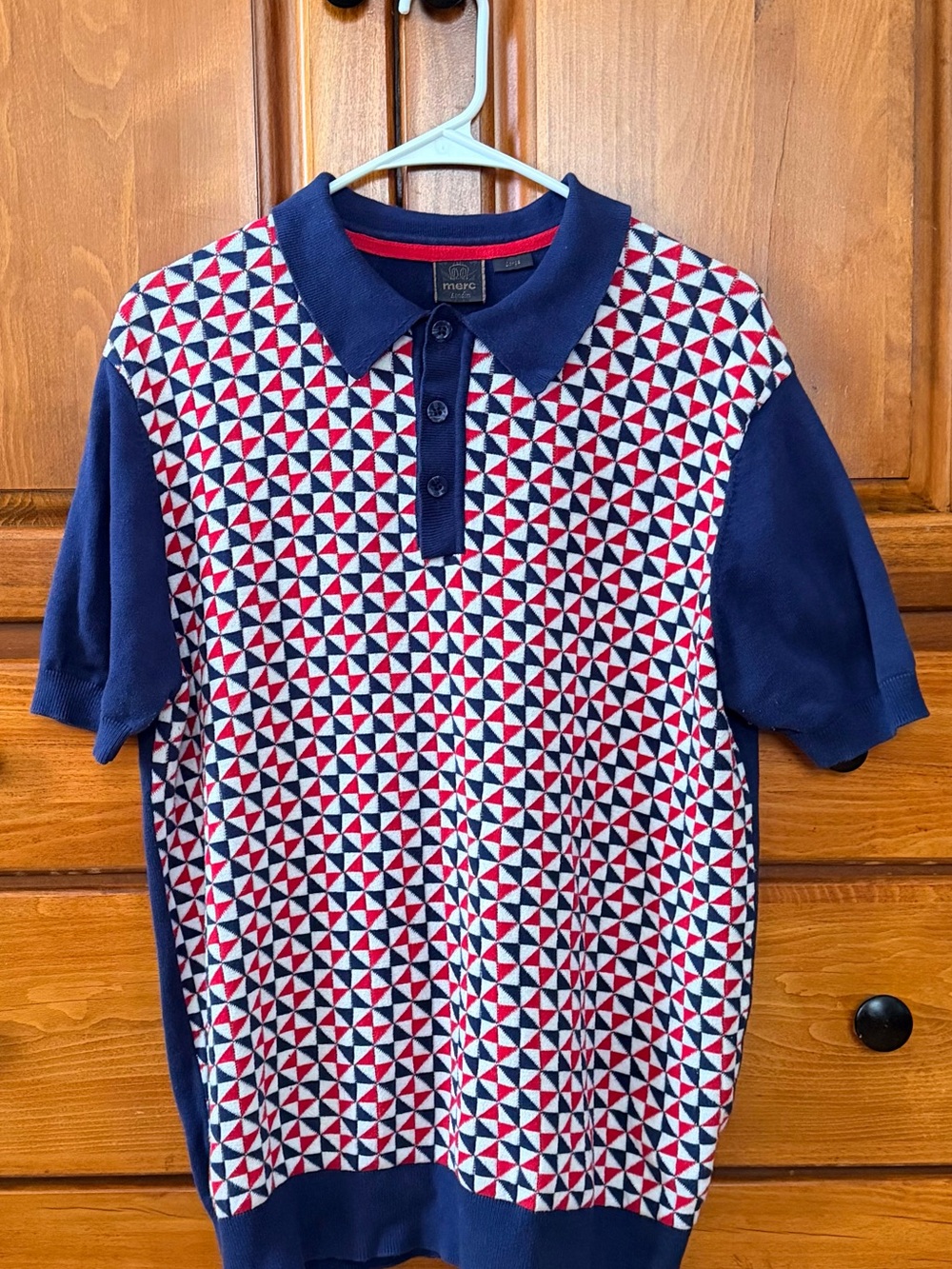 Merc London Knit Navy Polo with Red and White Geometric Front